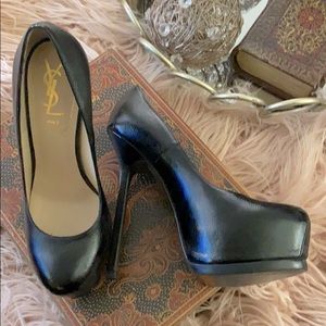 YSL Black Leather Authentic YSL Tribtoo heels.
